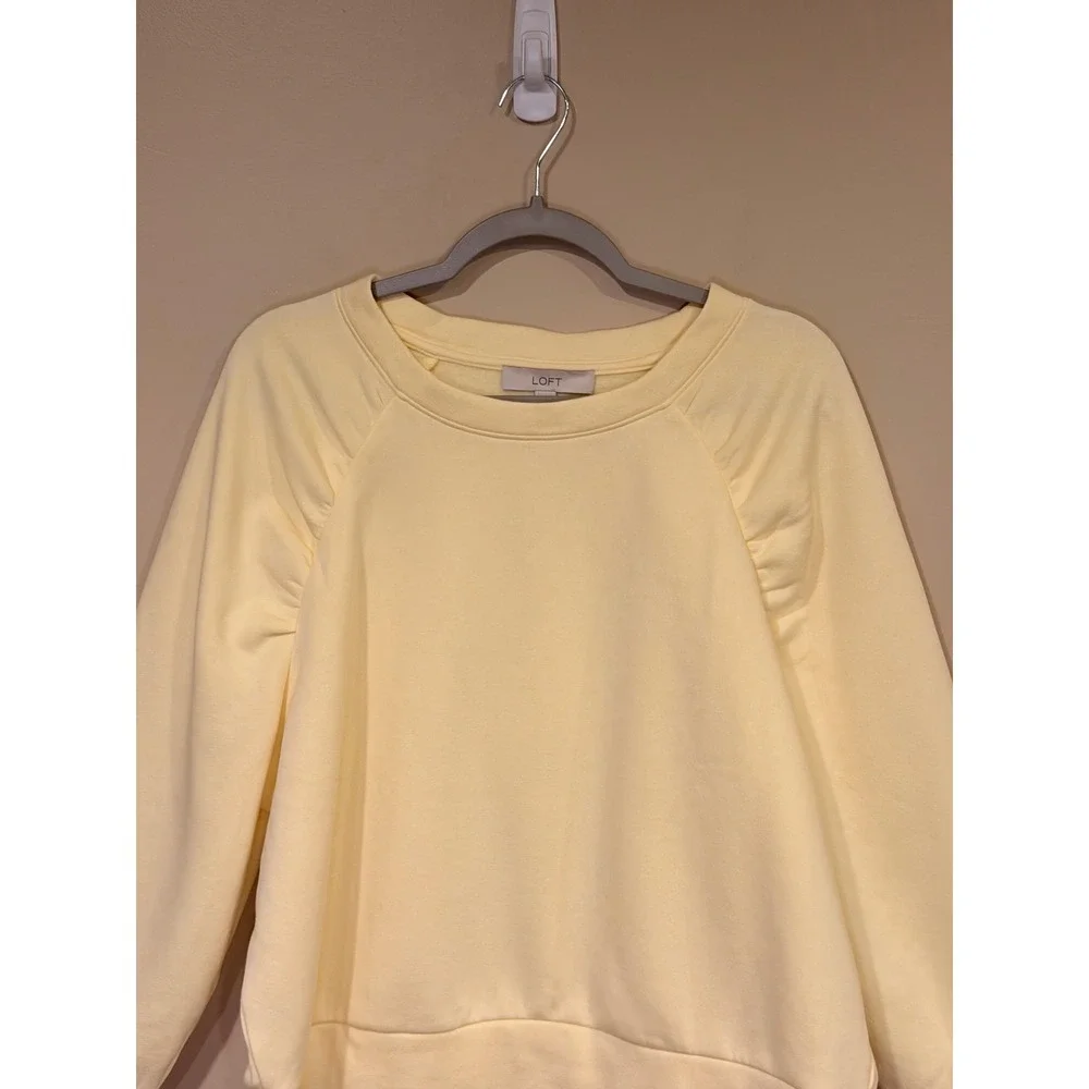 LOFT Women Sweatshirt Yellow Large Puff Shoulder Raglan Long Sleeve Fleece Crew - Picture 4 of 6